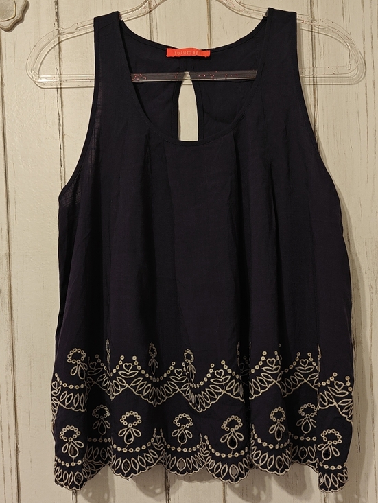 Lulumari Tops - Lulumari Navy Tank Top with Ivory Embroidery